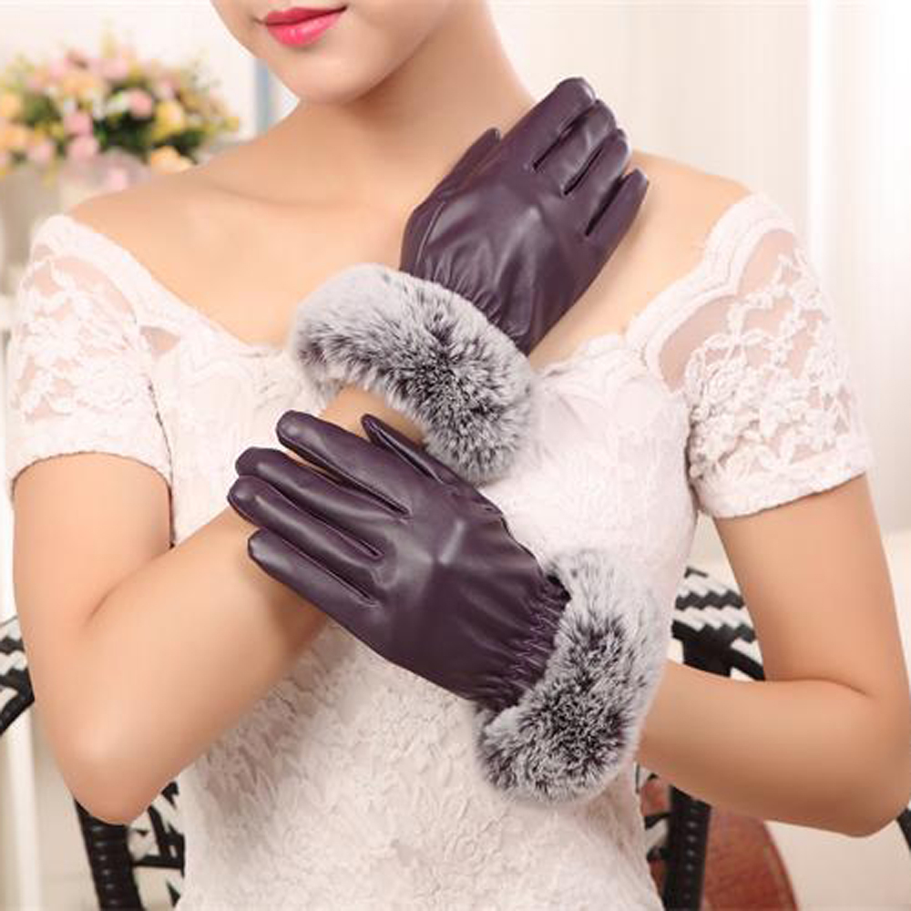 SZ60071-4 Womens Winter Touchscreen PU Leather Gloves Thermal Lining Mittens